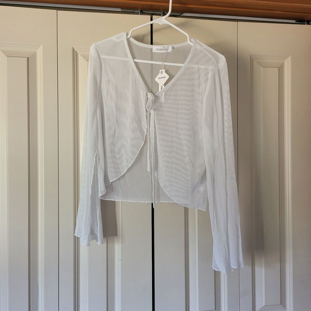 Pleated Tie-Front Cardigan Bell Long Sleeve Lightweight Open Front Size M